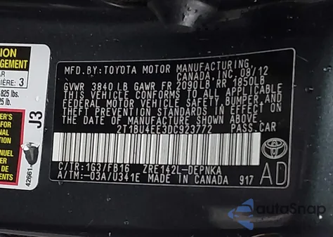 2013 Toyota Corolla Le из США, поврежденный, VIN 2T1BU4EE3DC923772